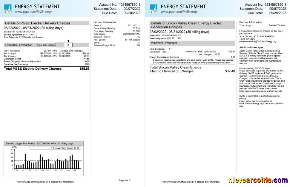 USA California PG&E Pacific Gas and Electric Company utility bill, 6 pages 3 4